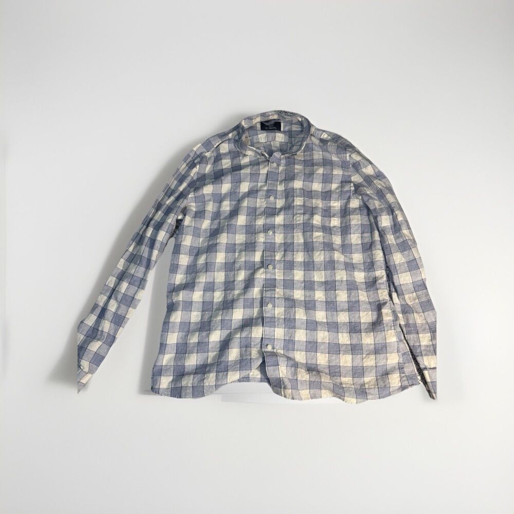 1901 Men's Blue White Slim Fit Linen Long Sleeve Check Button-Down Shirt Size XL